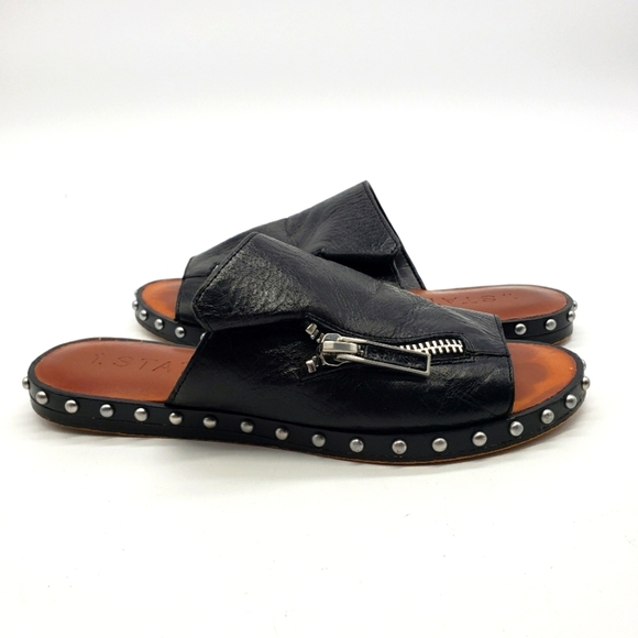 1. State Cadwyn women US 6 black leather silver studded zipped upper slides - Picture 1 of 11